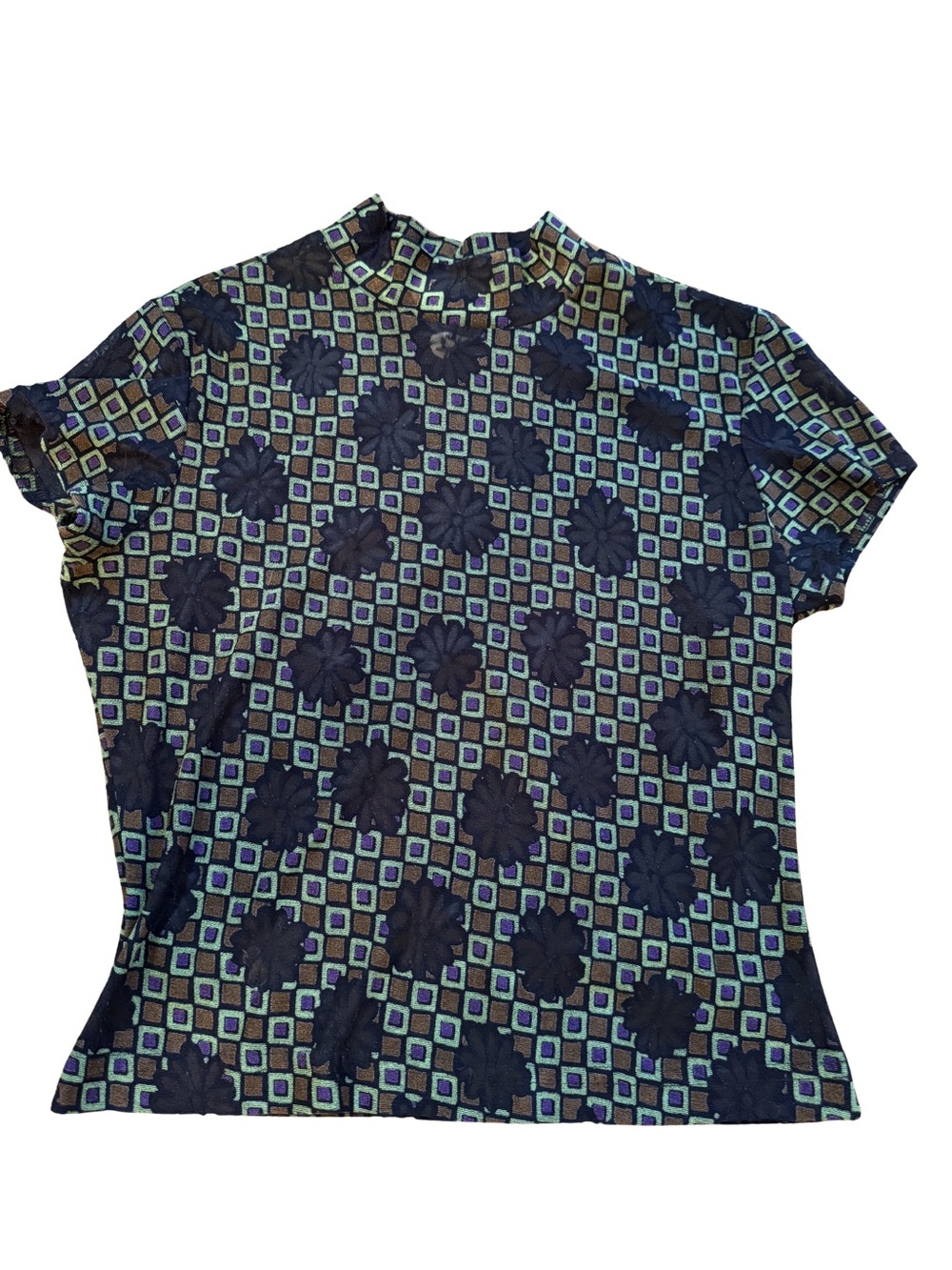 Vintage Unique Geometric Floral Mock Neck Short Sleeve Crop Top - Blue/Green